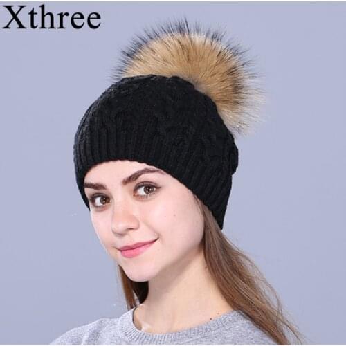 Xthree Double-deck Knitted Wool Winter hat Real Natural Raccoon Fur Pom pon Hat Female Cap Headgear For Women Skullies Beanies