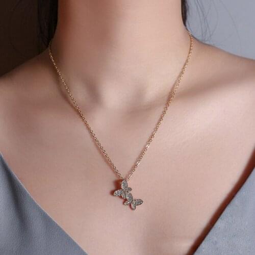 Women Rhinestone Butterfly Necklace Female Crystal Pendant Necklaces Gold Silver Color Chains Simple Ladies Jewelry Collier