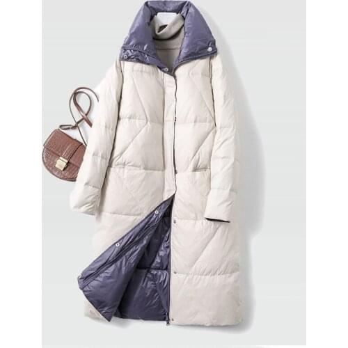 2021 New Winter Hot Style Women 90% White Duck Down Jacket Fashion Slim Versatile Over The Knee Double Sided Weared Puffer Coat