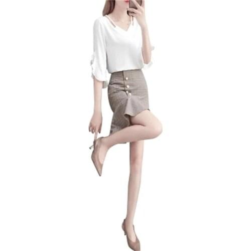 Suit female spring and summer New fashion chiffon two-piece shirt + plaid skirt bust Two-piece sets