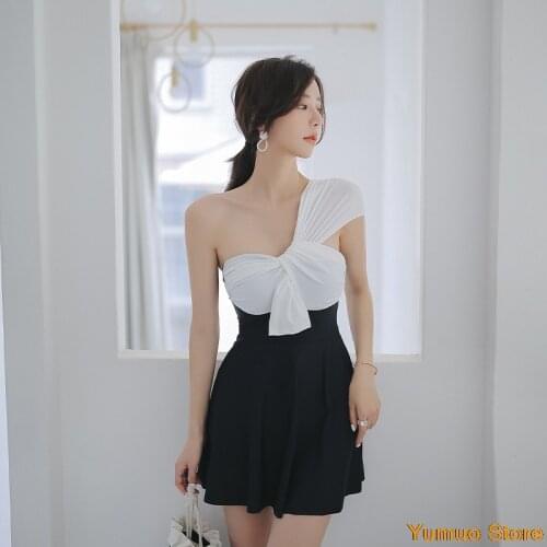 Swimsuit For Women 2021 Summer Suit One Peice Bathing Female New Single Shoulder Hot Korea Ins Swimwear Print Polyester Sierra