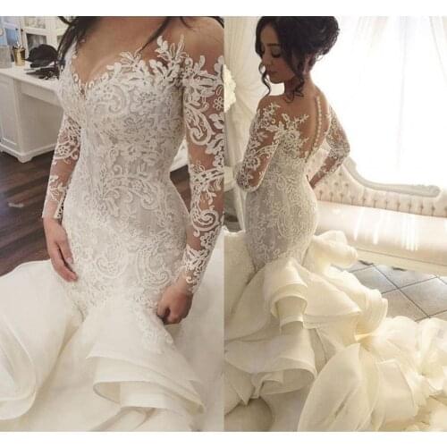 Saudi Arabic Lace Mermaid Wedding Dresses With Full Sleeves 2018 Bridal Gowns Dubai Royal Train Button Ruffles Robe De Mariee