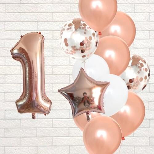 12pcs Number Foil Rose Gold Latex Balloons Happy Birthday Party Decoration Kids Baby Girl Boy 1st 1 2 3 4 5 6 Years Old Supplies