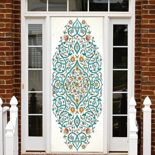 3D New Arrival Blue Flower Islamic patterns door Pvc Poster decal sticker Allah self-adhesive wallpaper Bedroom Home Decor