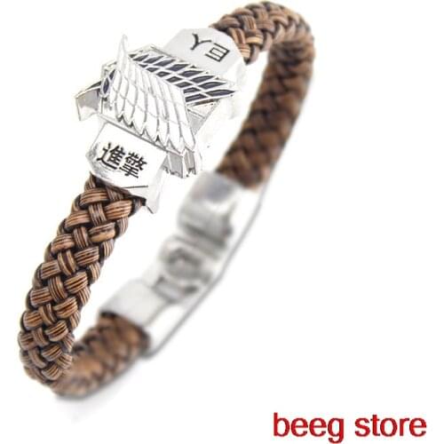 Anime attack on titan cosplay bracelet leather rope men punk bracelet Eren Jäger Mikasa Ackerman Scouting legion badge bangle