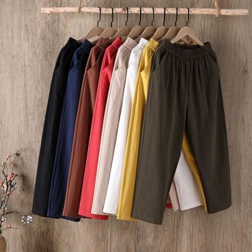 Summer Casual Pants Women Fashion Cotton Linen Pants Elastic Waist Harem Pencil Pockets Loose Big Plus Size Trousers Black White