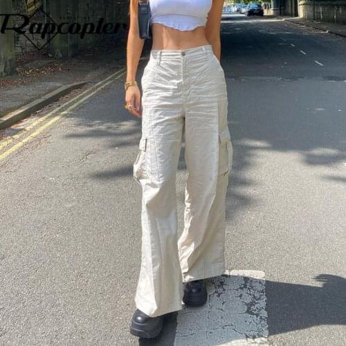 Rapcopter White y2k Cargo Pants Big Pockets High Waisted Joggers Vintage Casual Baggy Sweatpants Women Korean Trousers Grunge