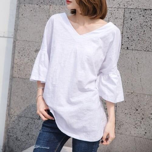Cotton 100% White Women T-Shirts Summer New 2021 Flare Sleeved Loose Solid Female Casual Pulls Tops Tees