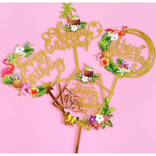 Ins Acrylic Color Printing Summer Birthday Cake Topper Coconut Tree Flamingo Cake Toppers for Kid Birthday Party Cake Decoration
