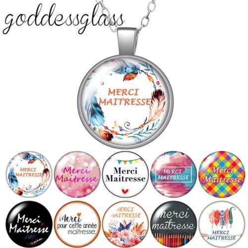 Le français merci maîtresse patterns Round Glass glass cabochon silver plated/Crystal pendant necklace jewelry for Gift