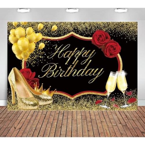 Red Gold Women Birthday Backdrop Burgundy Rose Glitter Heels Balloons Photography Background 40th 50th 60th Party Decoration