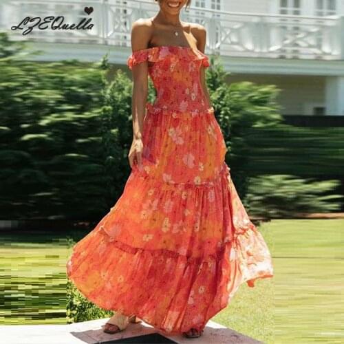 LZEQuella Summer Fashion Elegant Boho Print Slit Maxi Dress Women French Romantic Party Vocation Beach Casual Floral Dress