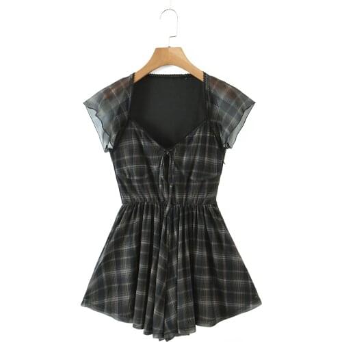 JC·KILIG 2021 Summer New French Retro Plaid High Waist Mesh Splicing Short Sleeve Pleated Dress L9809