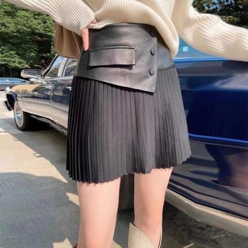 2021 new lambskin skirt high waist pleated skirt special A-line sheepskin genuine leather skirt plus size goth splice Above Knee