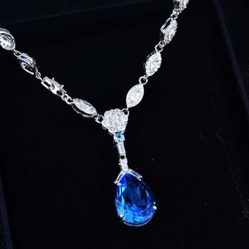 Luxury 925 Silver Water Drop Pendent Necklace Inlay AAA Blue Cubic Zircon Europe America Fine Jewelry For Women Wedding Party