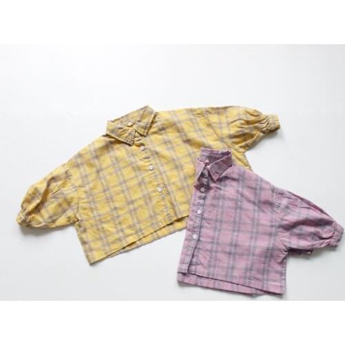 New 2019 Fall Children Girls Cotton Linen Shirts Korean Style Bat Sleeve Loose Tops Kids Plaid Blouses Girls Clothes