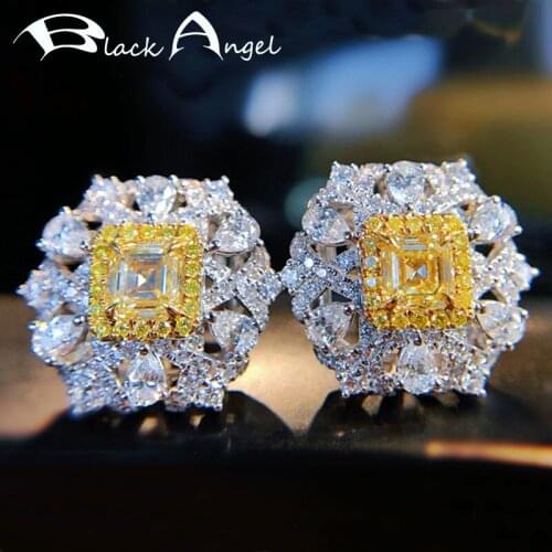 BLACK ANGEL 925 Silver Stud Earrings For Women Inlaid Pave Shiny Asscher Cut Citrine Fashion New Fine Jewelry Student Gifts