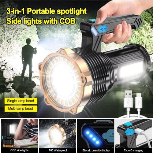 200W Led Spotlight High Power Floodlight Searchlight 3 in 1 With Side Light Power Display 8 Lighting Modes Portable Flashlight