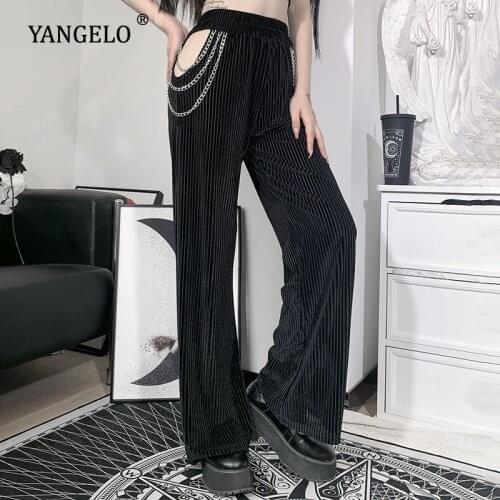 High Street Sexy Black Pants Harajuku Punk Chain Patchwork High Waist Trouser Goth Grunge Hollow Out Straight Pants