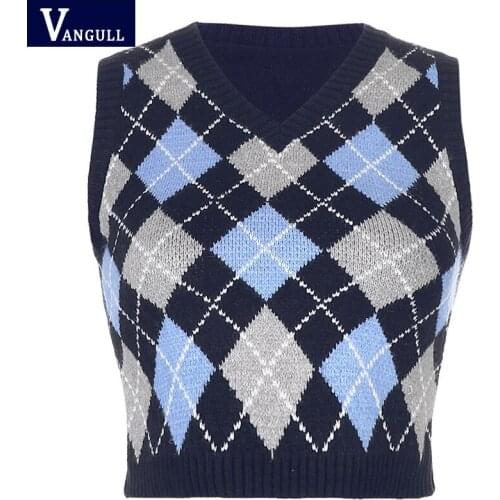 Vangull V Neck Vintage Argyle Sweater Vest Women Black Sleeveless Plaid Knitted Crop Sweaters Casual Autumn Preppy Style Tops