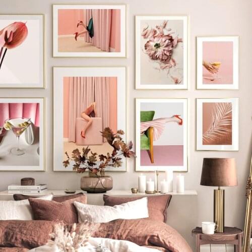 Heels Lady Pink Shadow Palm Leaf Flower Latte Wall Art Print Canvas Painting Nordic Poster Wall Pictures For Living Room Decor