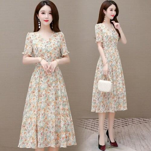 2021 summer womens new waist small fresh short-sleeved skirt long casual printed temperament floral dress harajuku dress
