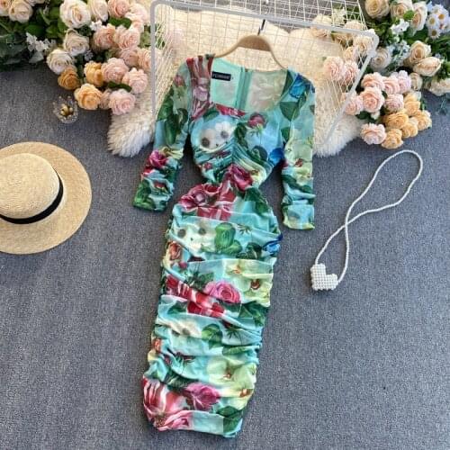 2021 Spring New Pleated Floral Print Women Dress Elegant Party Lady Vestidos Sexy Pencil Long Women Dresses Robes
