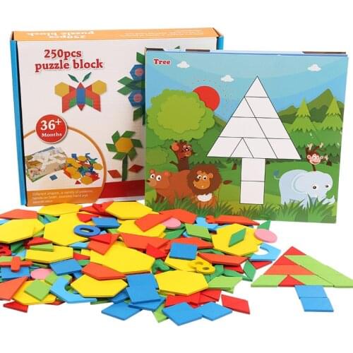 250Pcs/set Wooden 3D Geometric Shape Blocks Tangram Jigsaw Board Game Puzzle Toy For Children Early Learning Wood Toys Gifts