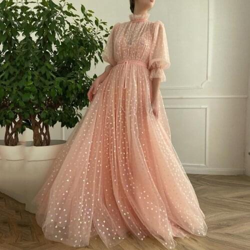 LORIE Glitter Prom Dresses High Neck Shiny Love Tulle Tea Length Arabic Wedding Party Graduation Dress 2021