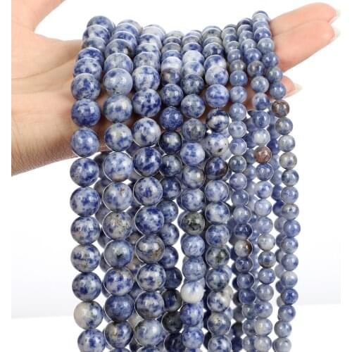 Natural Stone Beads Smooth Blue Spot White Color Round Loose Spacer Bead For Jewelry Making DIY Bracelets Necklace 4/6/8/10/12MM