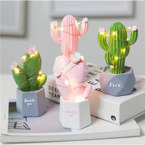 Ins Home Decor Home Decoration Accessories Cactus Statue Potted Figurine Cute Night Light Desk Decoration Girl Room Decoration