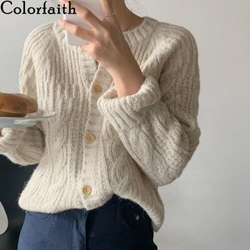 Colorfaith 2020 Autumn Winter Womens Knitwear Knitted Button Cardigans Short Minimalist Vintage Elegant Ladies Tops SWC18210