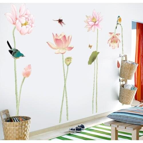 Chinese Wall Sticker for Living Room Bedroom Decoration Watercolor Ink Lotus Flower Vinyl PVC Decal Art Wallpaper