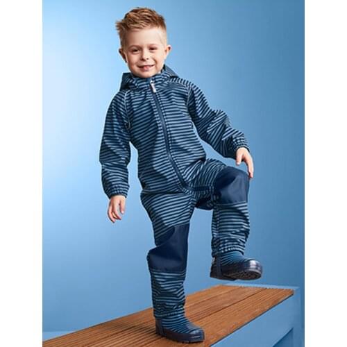 Children/kids/boys softshell jumpsuit, windproof/waterproof romper, boys overalls, blue stripe, size 74 to 116