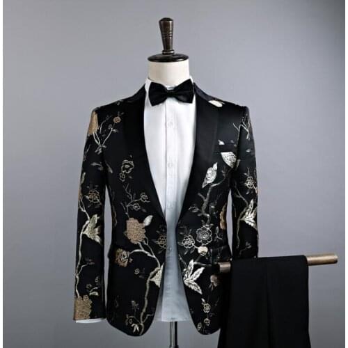 Singer style dance stage clothing for men pattern suit set with pants mens wedding suits costume groom formal dress tie black