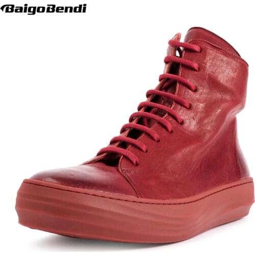 US6-10 Red Boots Men Full Grain Leather Flat Boots Lace Up Zip White Ankle Boots Boys Trendy Winter Sneakers Shoes