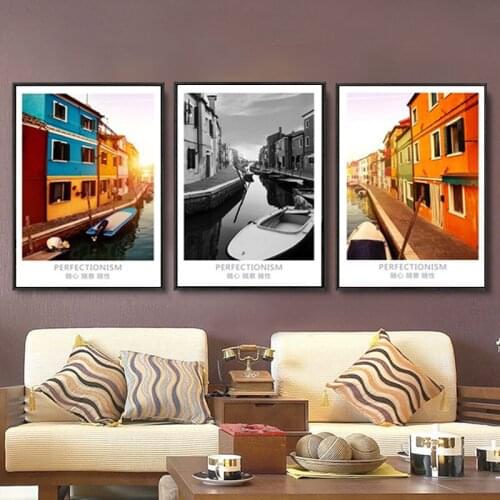 Sunset Venice River Boat Scandinavian Landscape Canvas Painting Pub Poster Home Living Room Decor City Town Photo Wall Picture