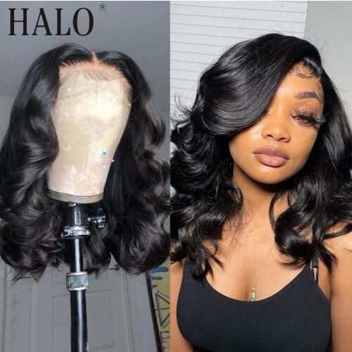 HALO Short Bob Closure Wig Body Wave 13x4 Lace Front Human Hair Wigs for Black Women Brazilian Natural Pre Plucked Hairline Remy