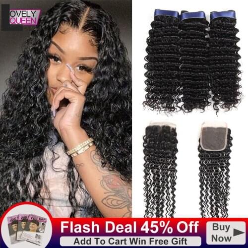 LOVELY QUEEN Deep Wave hair Bundles Wiith Closure Peruvian Human Hair 3 Bundles Deep Wave With Closure Non Remy Hair Extension