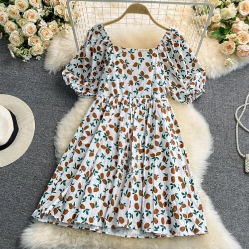 Summer new sweet print Dress Square collar temperament waist waist Korean version woman dress Puff sleeve dresses for women 2021