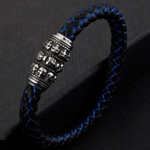 Punk Stainless Steel Skull Head Mens Hand Bracelet Braided Genuine Leather Cuff Bracelets Bangles Gifts For Him Viking Jewelry