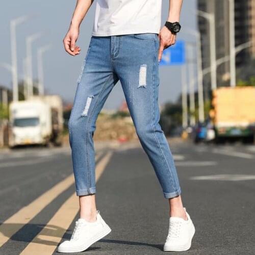 Spring autumn 2020 mens broken hole Hong Kong style trendy jeans Korean feet ankle length pants summer new casual pants