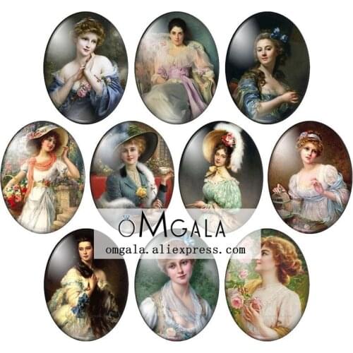 Vintage Lady Oil paintings 10pcs mixed 13x18mm/18x25mm/30x40mm Oval photo glass cabochon demo flat back Making findings