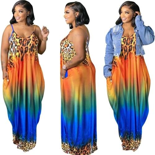 XL-4XL Plus Size Women Clothing Summer Dress 2021 Leopard Gradient Print Sleeveless Suspender Dressed Wholesale Dropshipping