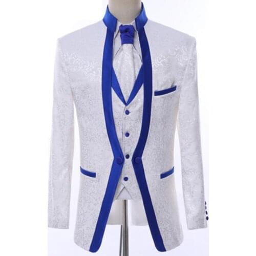 Jacquard court suit mens blazers royal blue trim white costume homme terno masculino wedding dress fashion костюм мужской