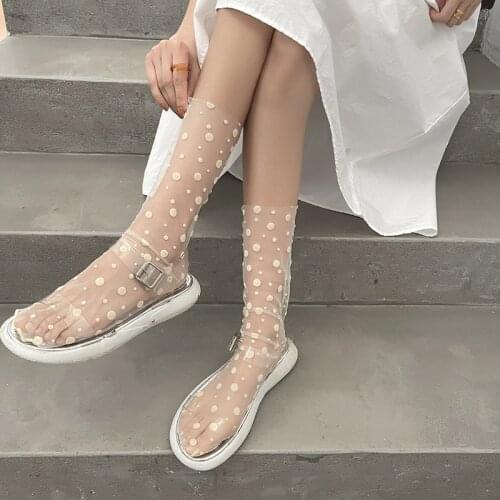Womens Harajuku Breathable Transparent Mesh Small Polka Dots Socks.Lady Net Yarn Fishnet Dots Socks Female Hosiery Sox