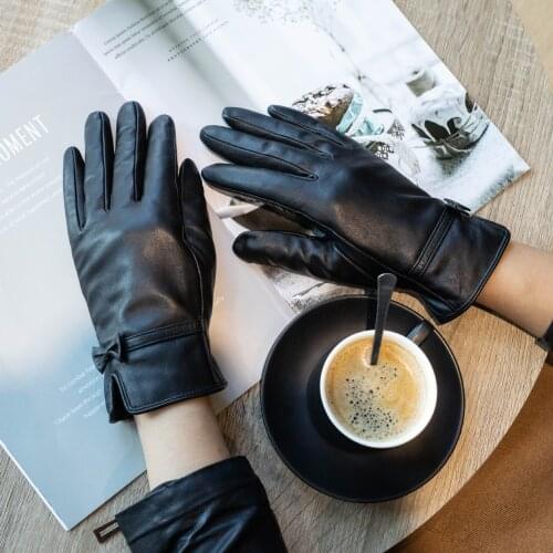 Sheepskin gloves womens winter touch screen plus cashmere windproof and warm leather embroidered gloves cycling driving