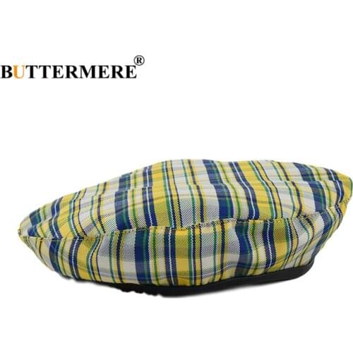 BUTTERMERE Women Beret Yellow Plaid Cotton Ladies Painter Cap Spring Summer Vintage Brand Women Hat
