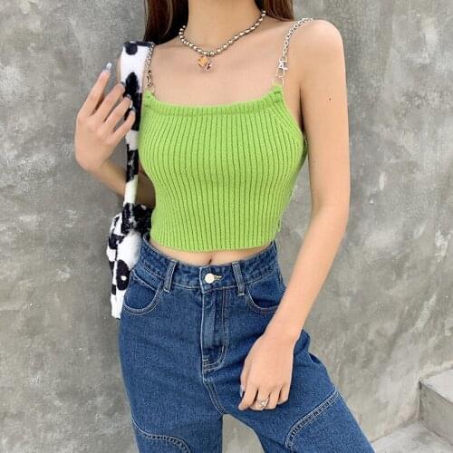 Sexy Summer Women Backless Spaghetti Straps Camis Vest Solid Green Chains Sling Backless Ribbed Elastic Slim Open Back Crop Top