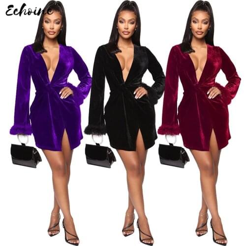 Women Sexy Deep V Neck Velvet Lace Up Mini Dress Solid Long Raw Sleeve Slim Waist Party Dresses New 2020 Fashion Autumn Outfits